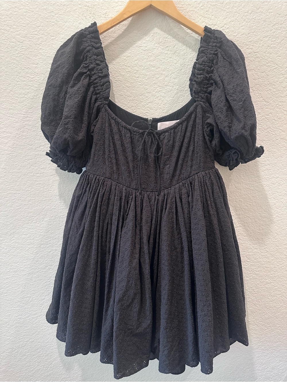 Selkie Black Eyelet Puff Sleeve Babydoll Mini‎ Dress Cottagecore Size S